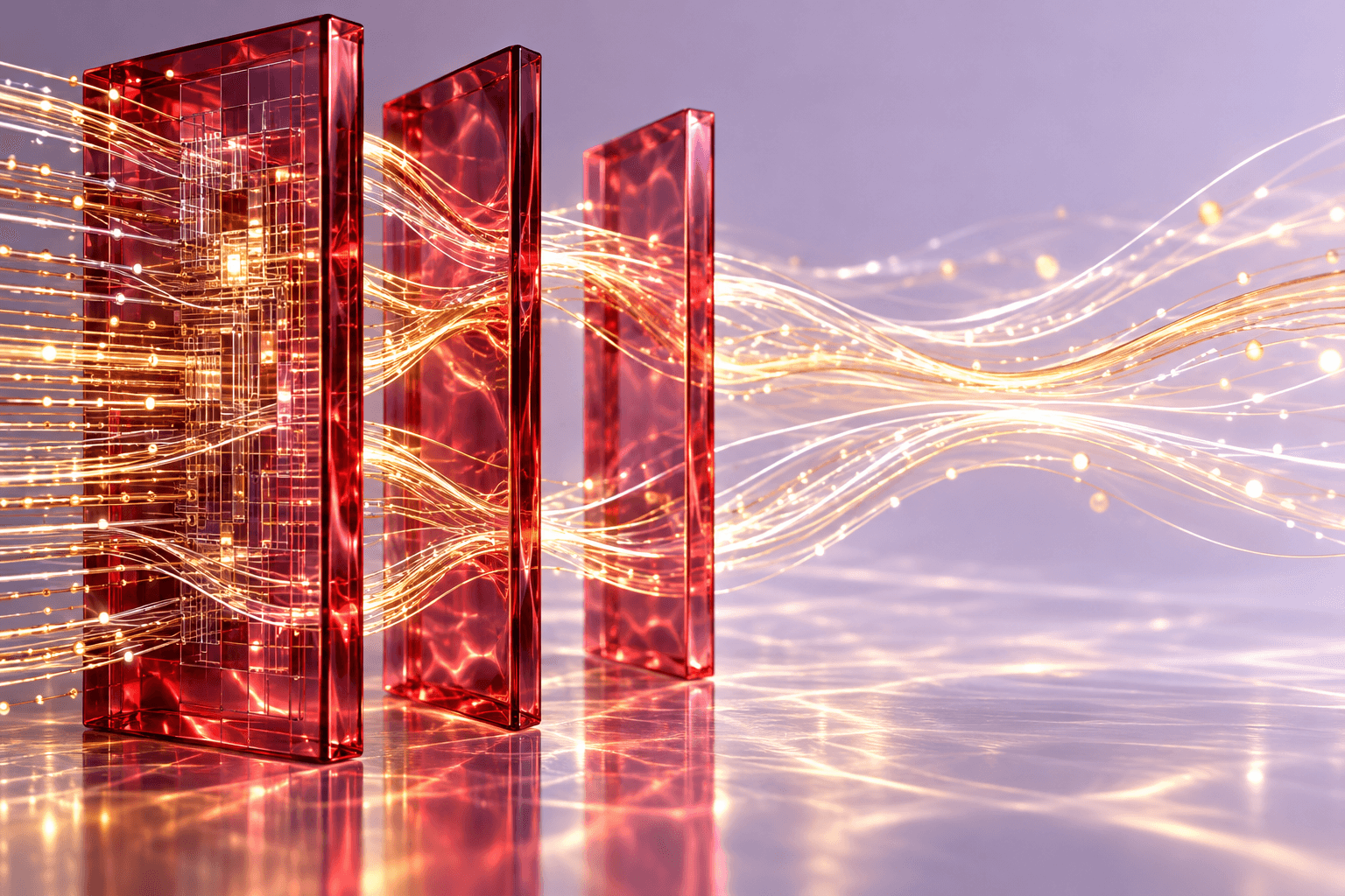 Golden computational filaments flow through and between three translucent crimson glass panels against a pale violet background.
