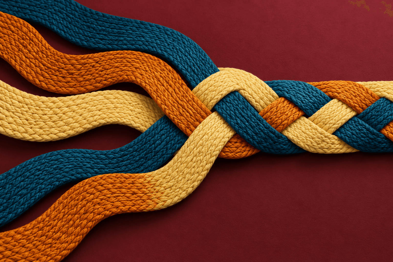 Sculptural blue and amber woven paths interlace into one coordinated route against a burgundy ground.