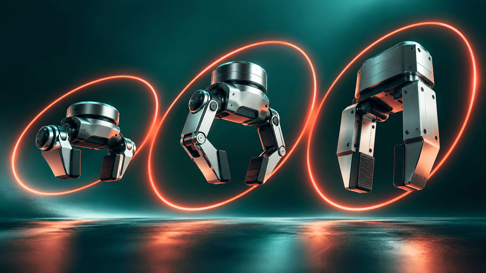 Three different metallic robotic grippers framed by glowing coral rings against a deep teal background.