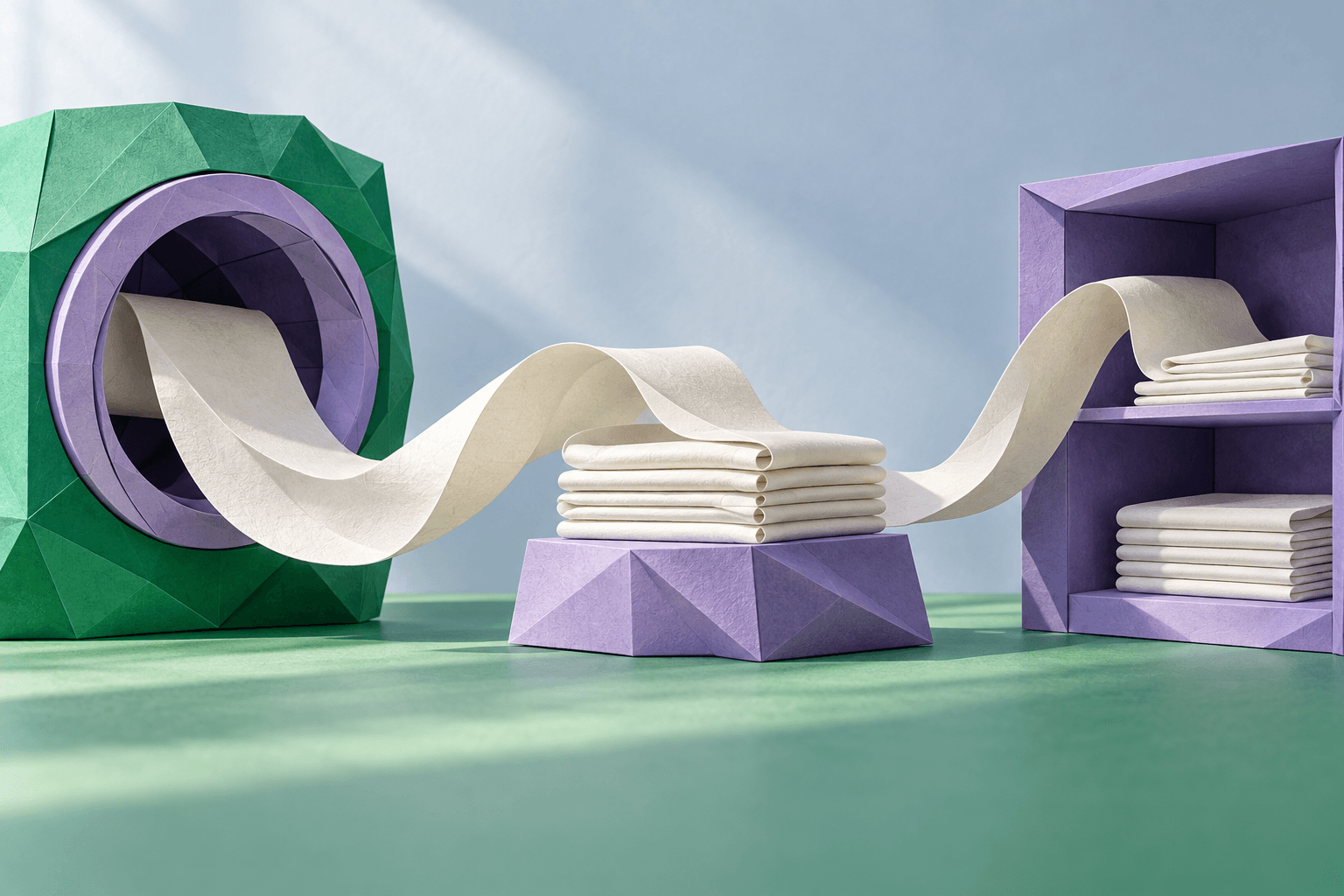Original folded-paper sculpture showing a continuous pale ribbon moving from an abstract drum through a folded stack to shelves.