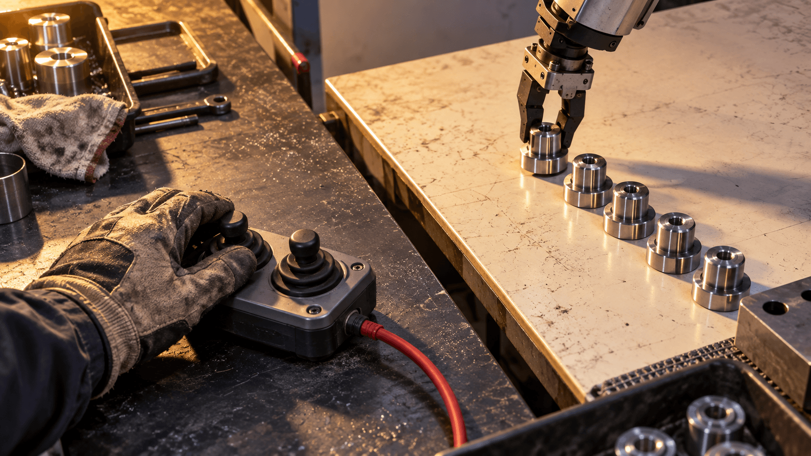 Gloved operator using an unbranded controller while a generic robot gripper arranges finished metal components