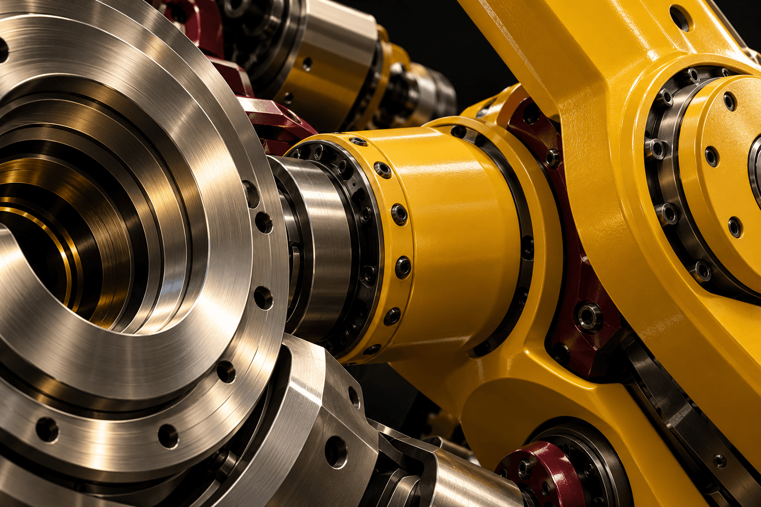 Conceptual editorial illustration showing interlocking yellow robot joints and a brushed metal spindle in extreme close view.