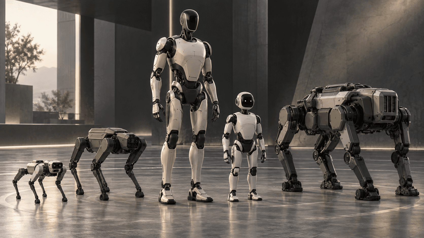 Editorial illustration of humanoid and quadruped robots arranged as a broad commercial product lineup