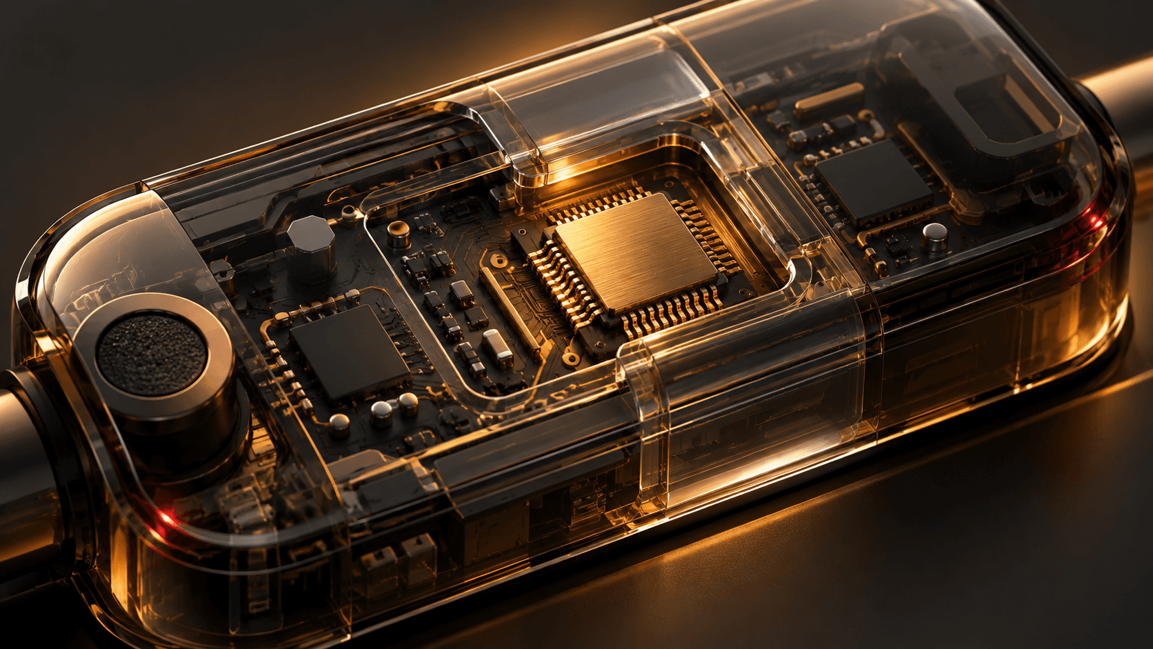 A gold processing chip inside a transparent charcoal electronic module.