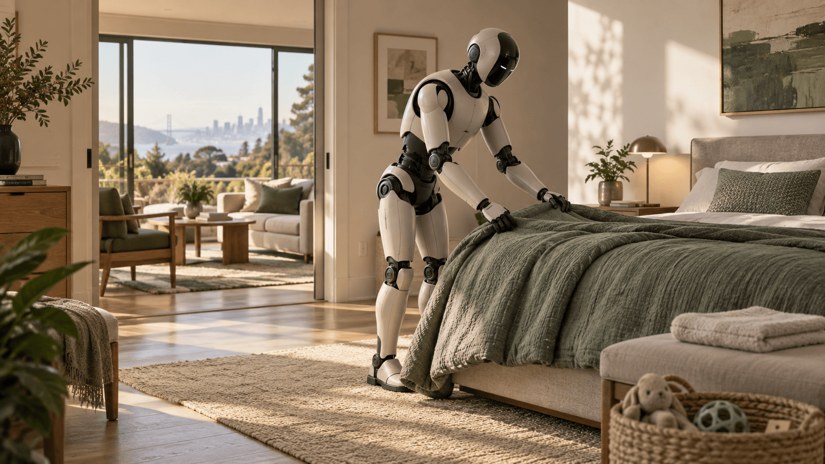 Editorial illustration of a humanoid robot making a bed inside an unfamiliar home