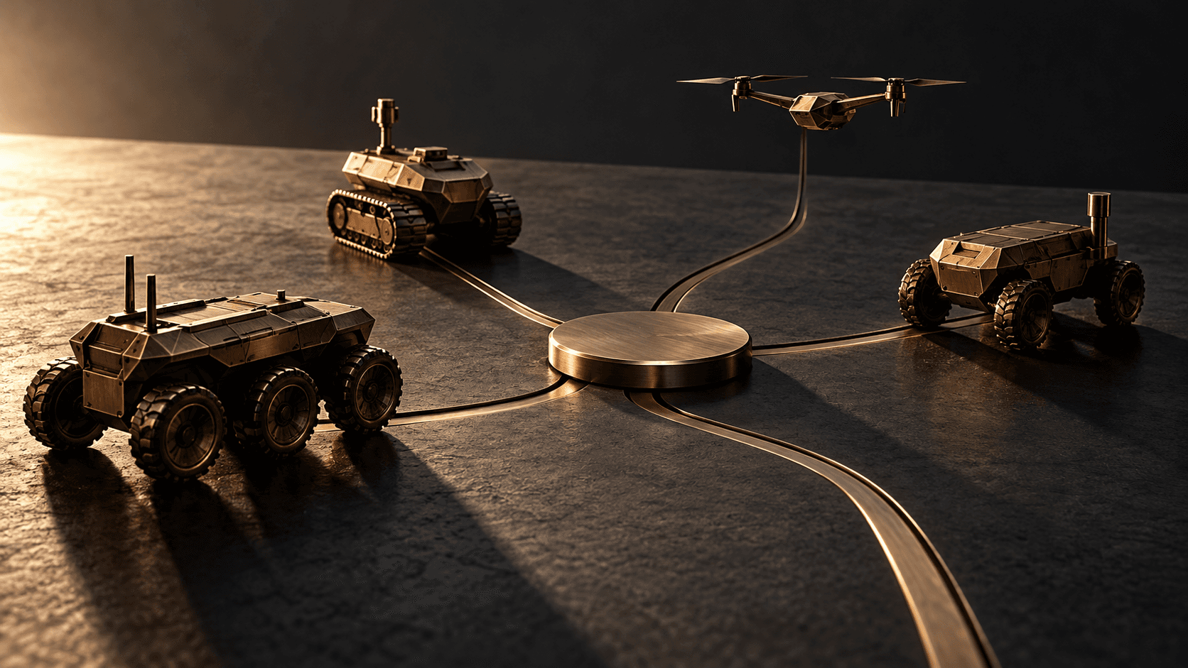 Bronze miniature unmanned vehicles and a drone connected to one unmarked circular surface.