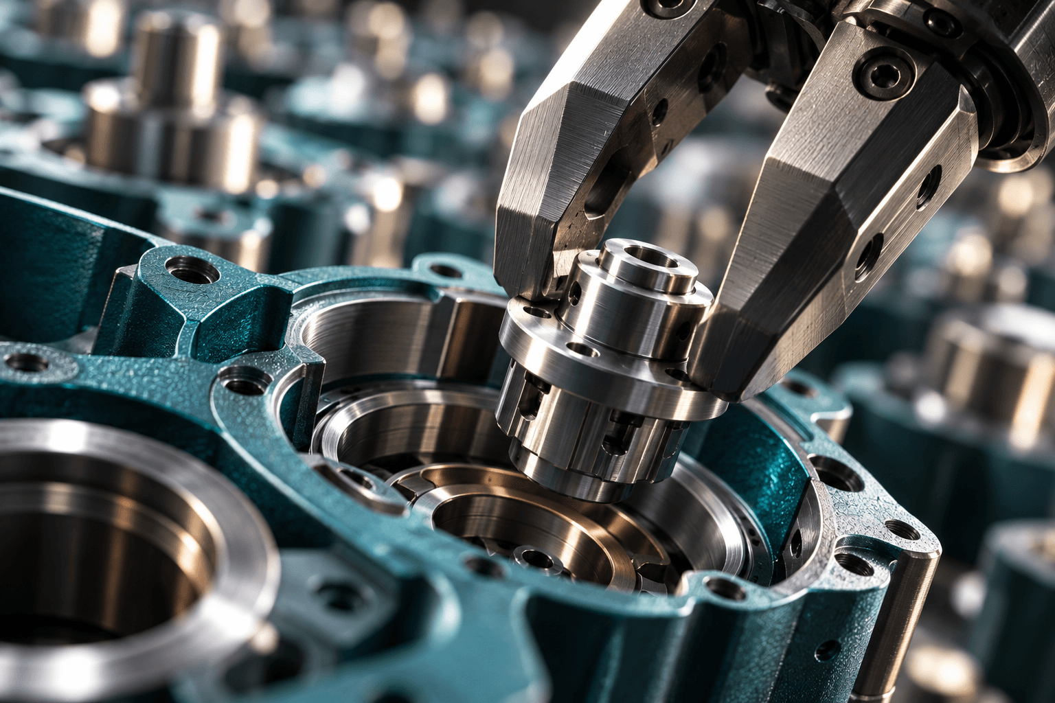 A robotic gripper places a silver component inside a teal metal housing in an extreme close view.