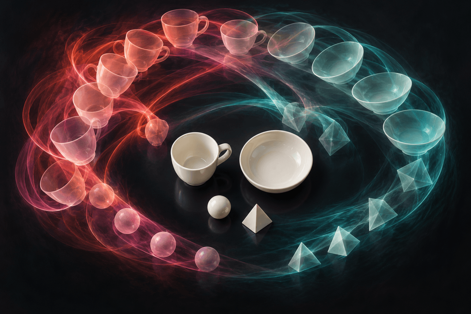 A white cup, bowl and geometric props surrounded by translucent coral and aqua variations and sweeping motion traces on a dark surface.