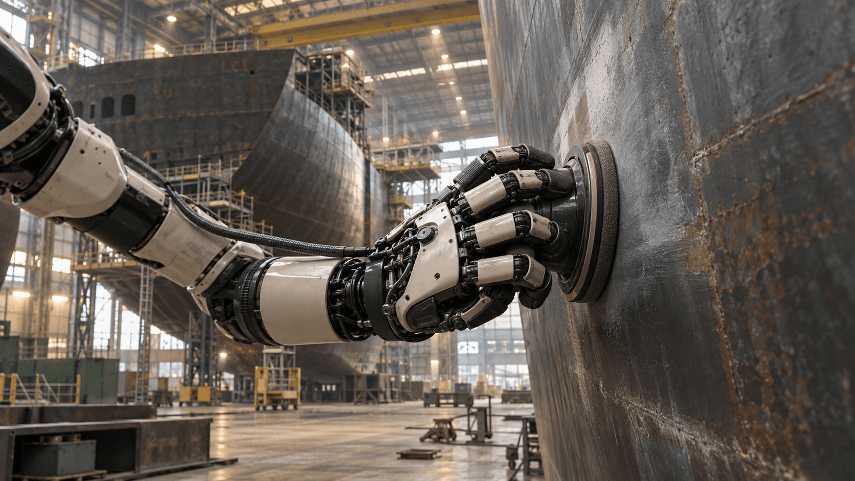 Editorial illustration of a robotic hand controlling a surface finishing tool against a curved steel ship section