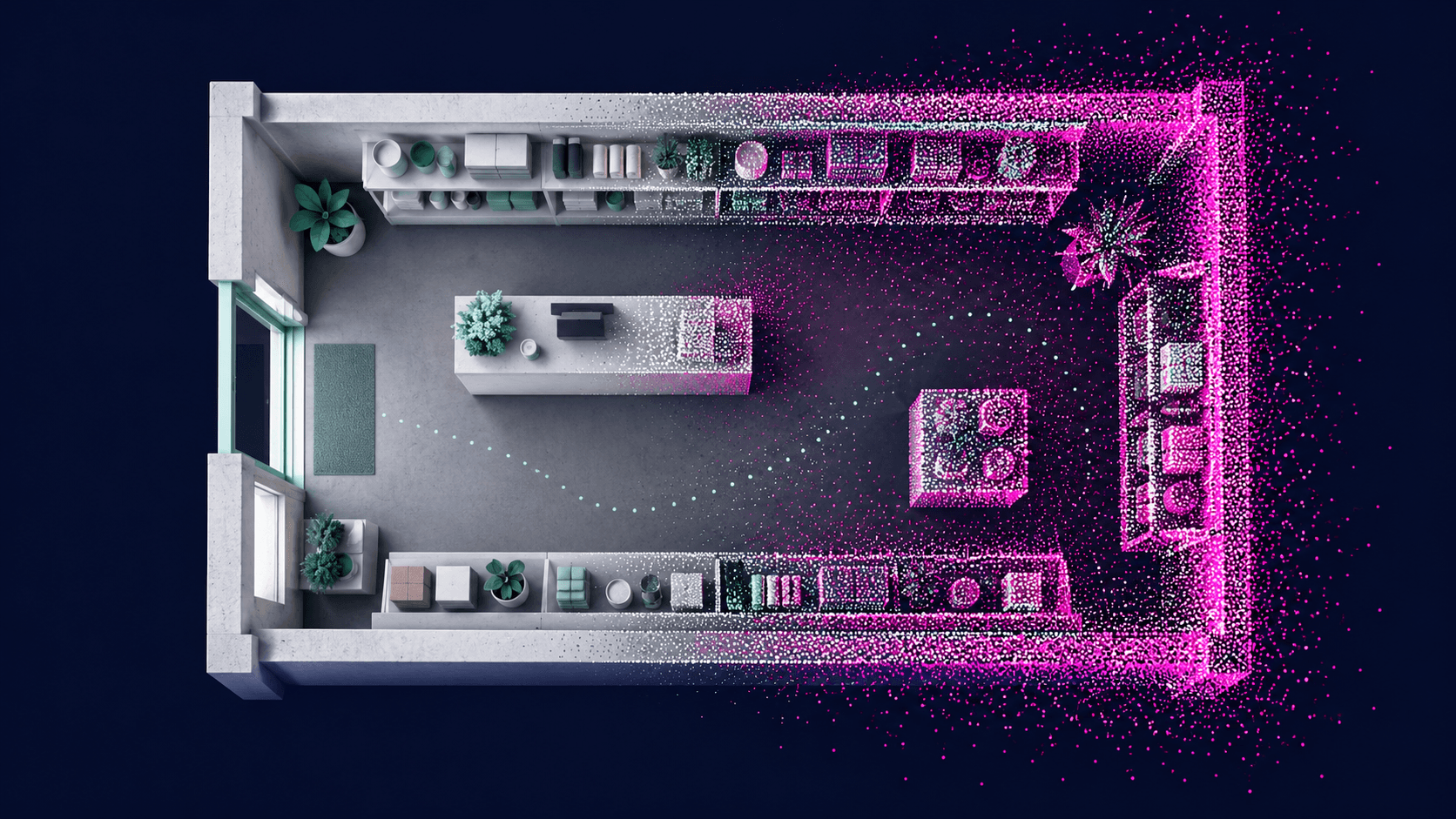 An overhead interior with shelves and a counter gradually resolves into fuchsia and white spatial points on a dark blue background.
