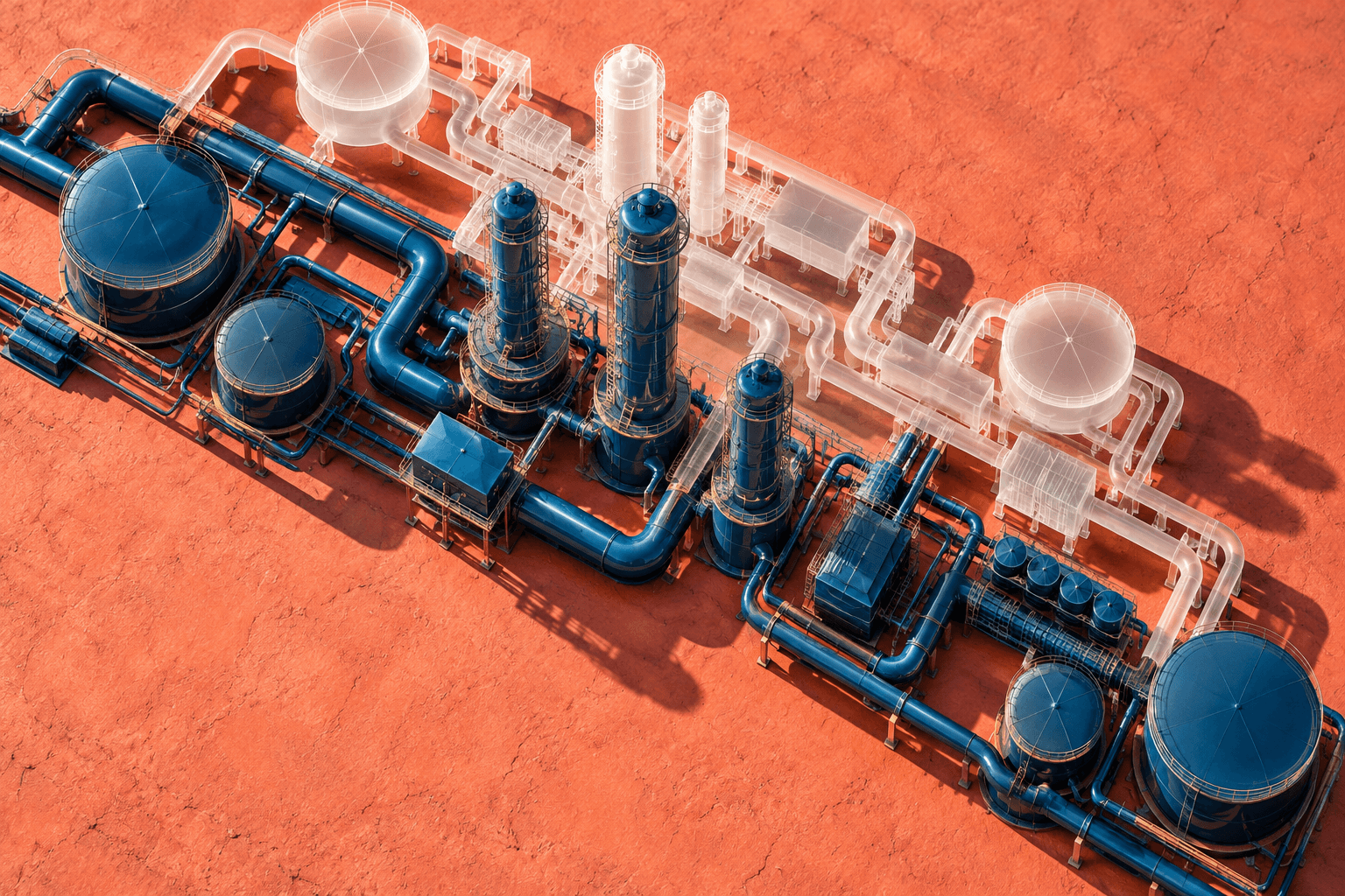A petrol blue sculptural process network aligns with an elevated translucent counterpart above a coral surface.