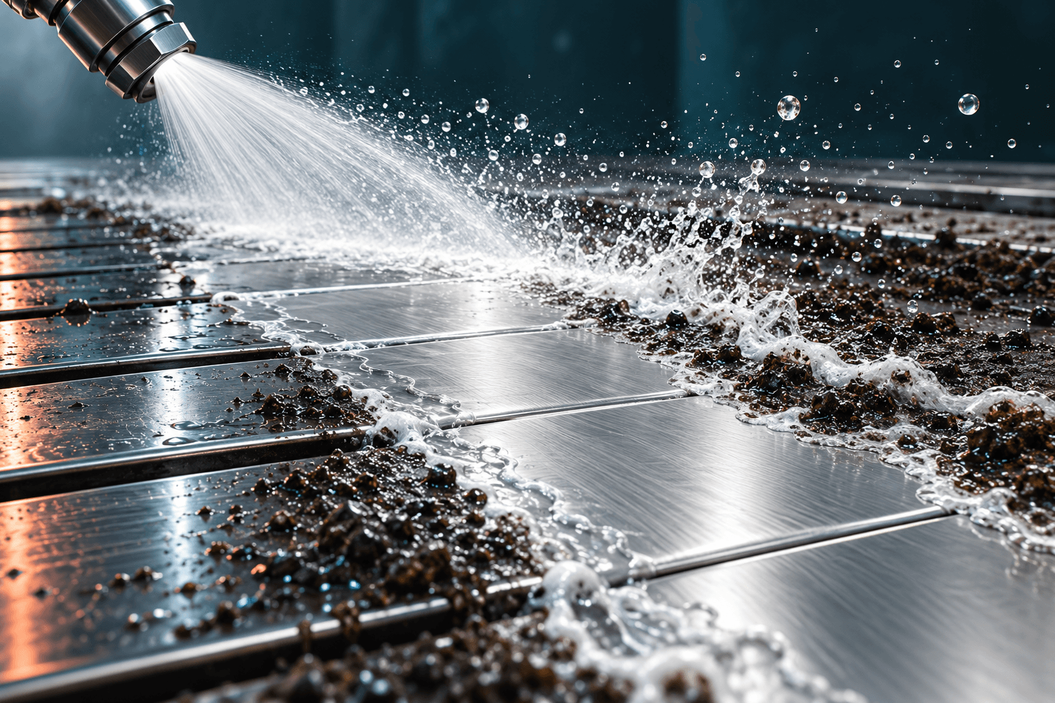 A precision nozzle sprays a bright fan of water across a stainless steel surface, revealing a clean path through dark residue.