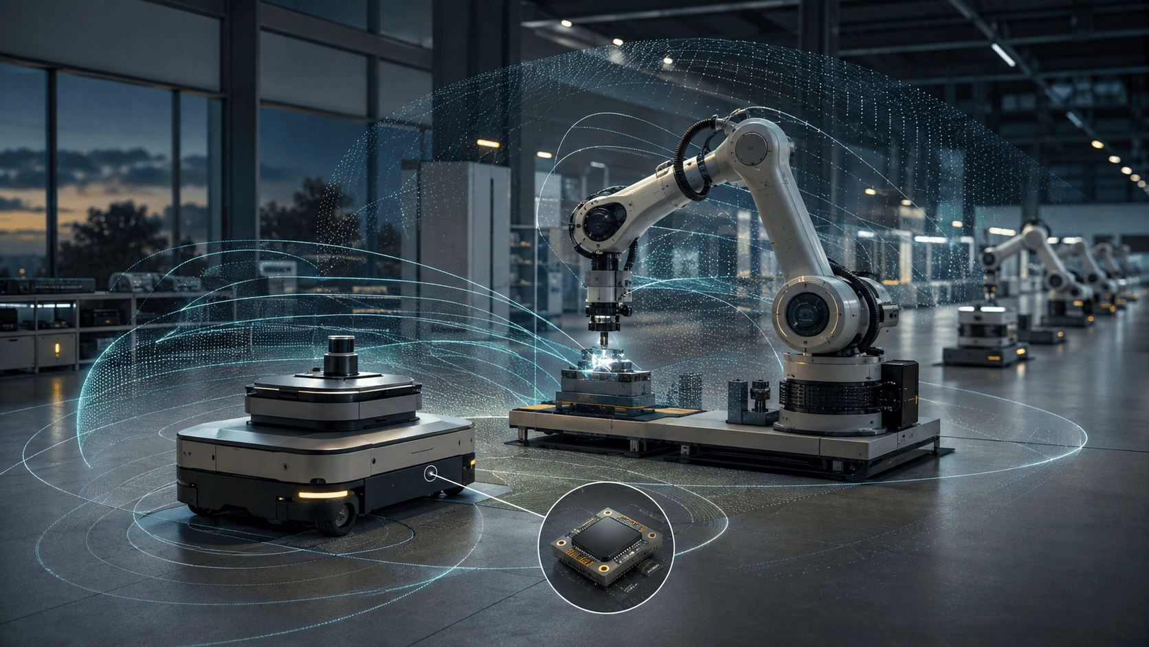 Editorial visualization of a mobile robot and robotic arm sharing an integrated spatial perception field