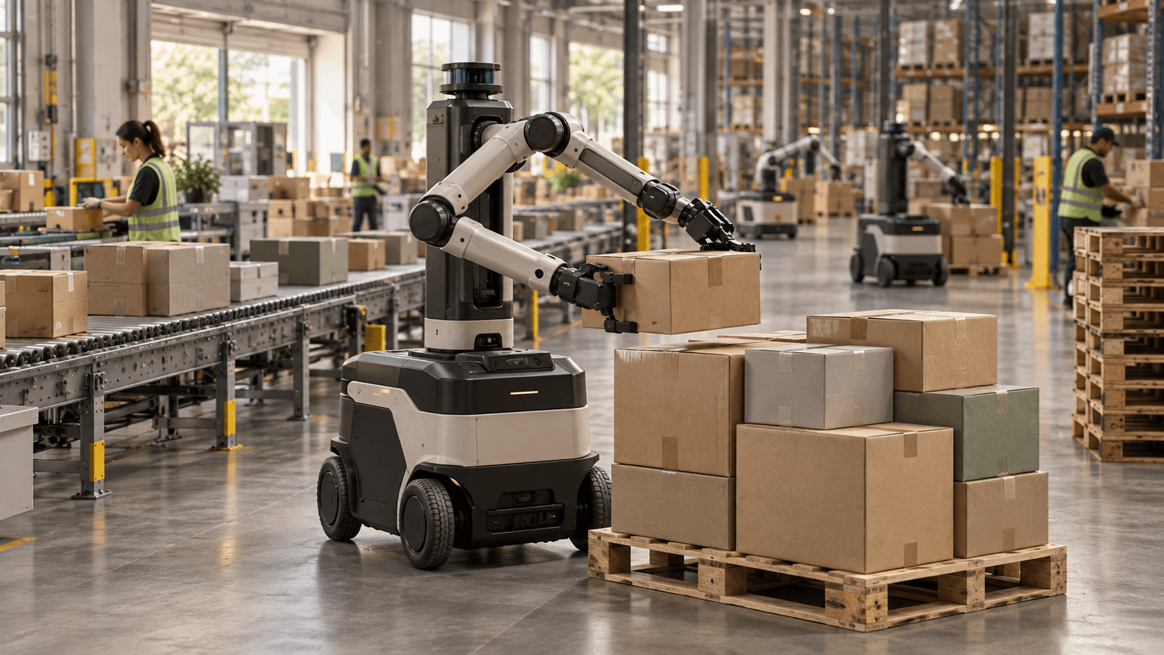 Editorial illustration of a wheeled dual arm robot moving boxes beside a pallet in a distribution center