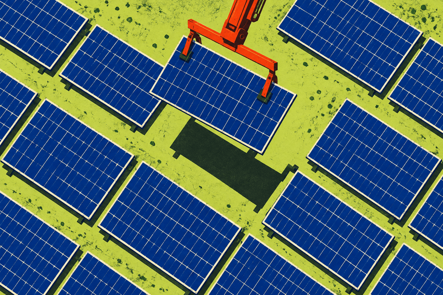 Overhead screen print of blue solar modules, with one panel suspended by a vermilion handling tool above its next position.