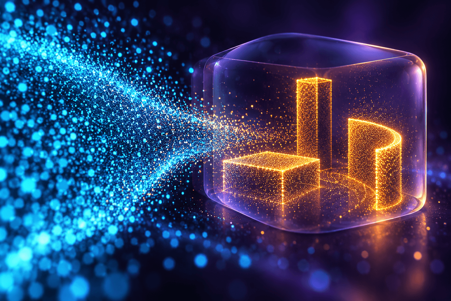 Abstract luminous points resolve into amber object contours inside a translucent violet volume.
