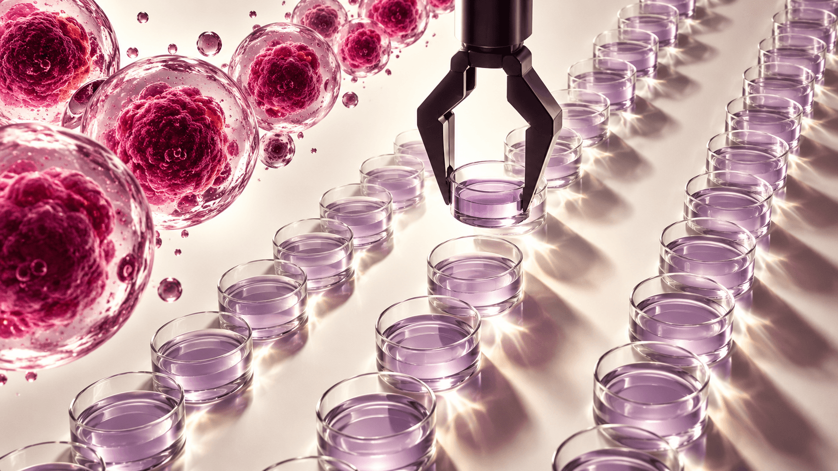 Translucent biological cells and lavender glass vessels arranged in repeated lanes beneath a robotic gripper.