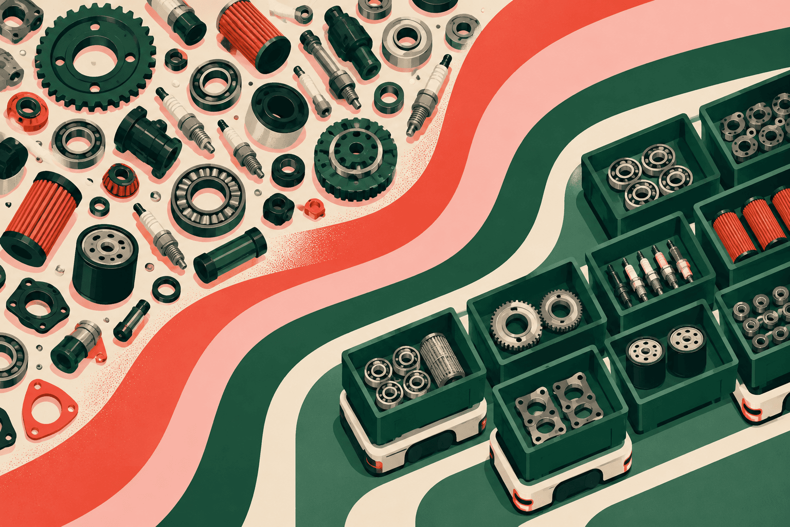 Automotive parts flow across curved coral and green bands into organized totes carried by small mobile robots.