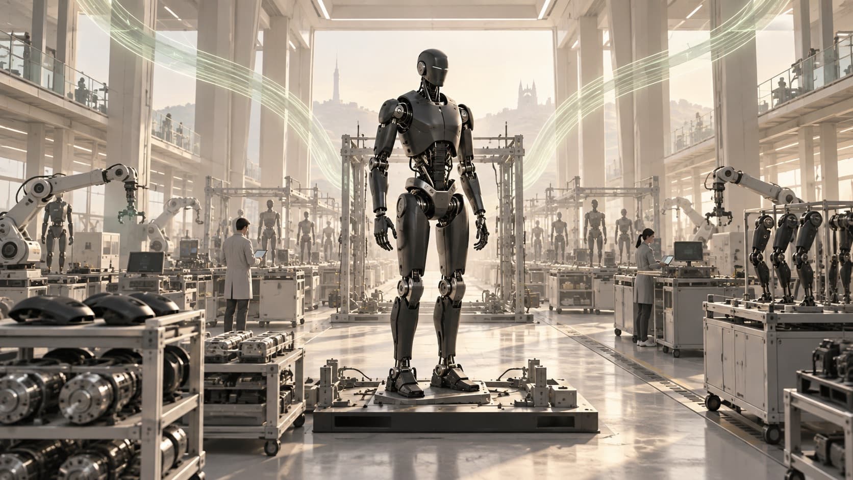 Editorial illustration of a conceptual humanoid robot surrounded by an expanding industrial production system