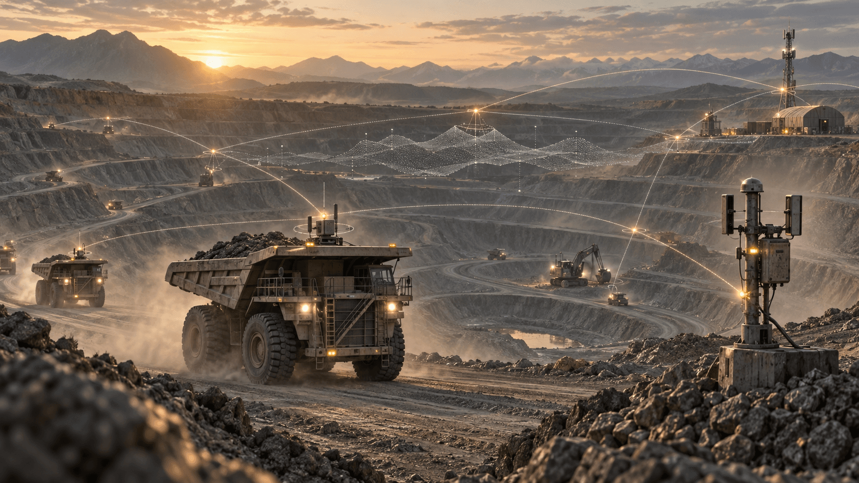 Editorial illustration of connected mining vehicles and edge computing nodes operating across a remote open pit mine