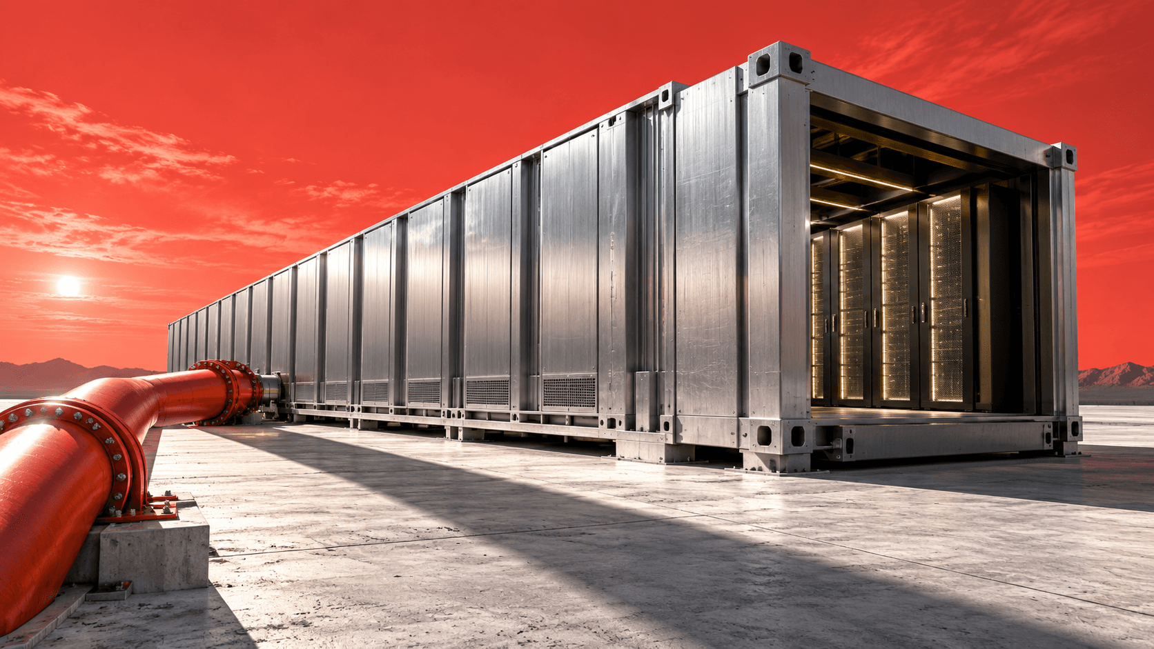 Editorial illustration of a silver modular computing enclosure beside a red conduit under a coral sky