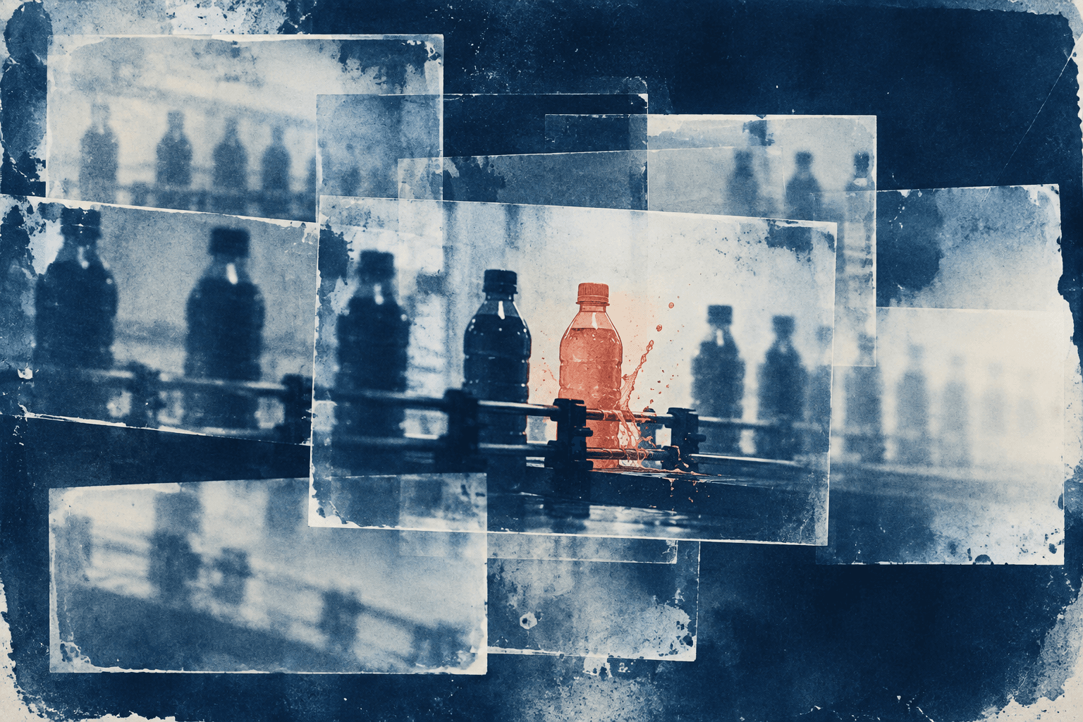 Original cyanotype collage of overlapping bottling line video frames, with one coral bottle and spill standing out against repeated blue silhouettes.