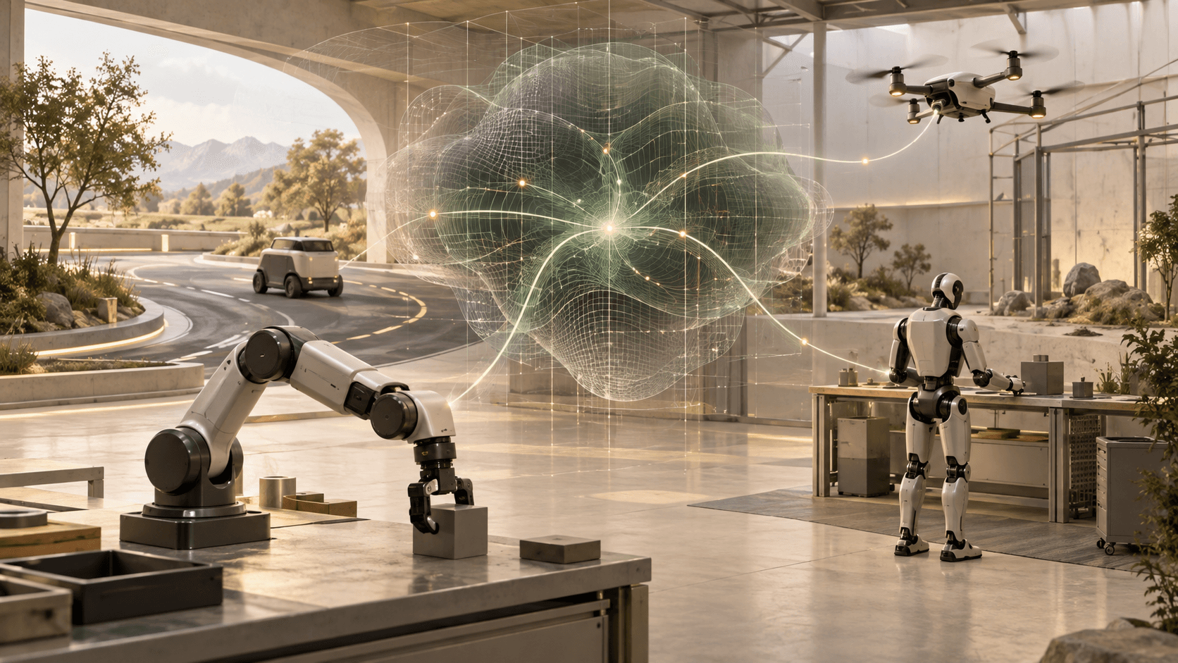 Editorial illustration of one abstract world model connecting a robot arm, humanoid, autonomous vehicle, and drone
