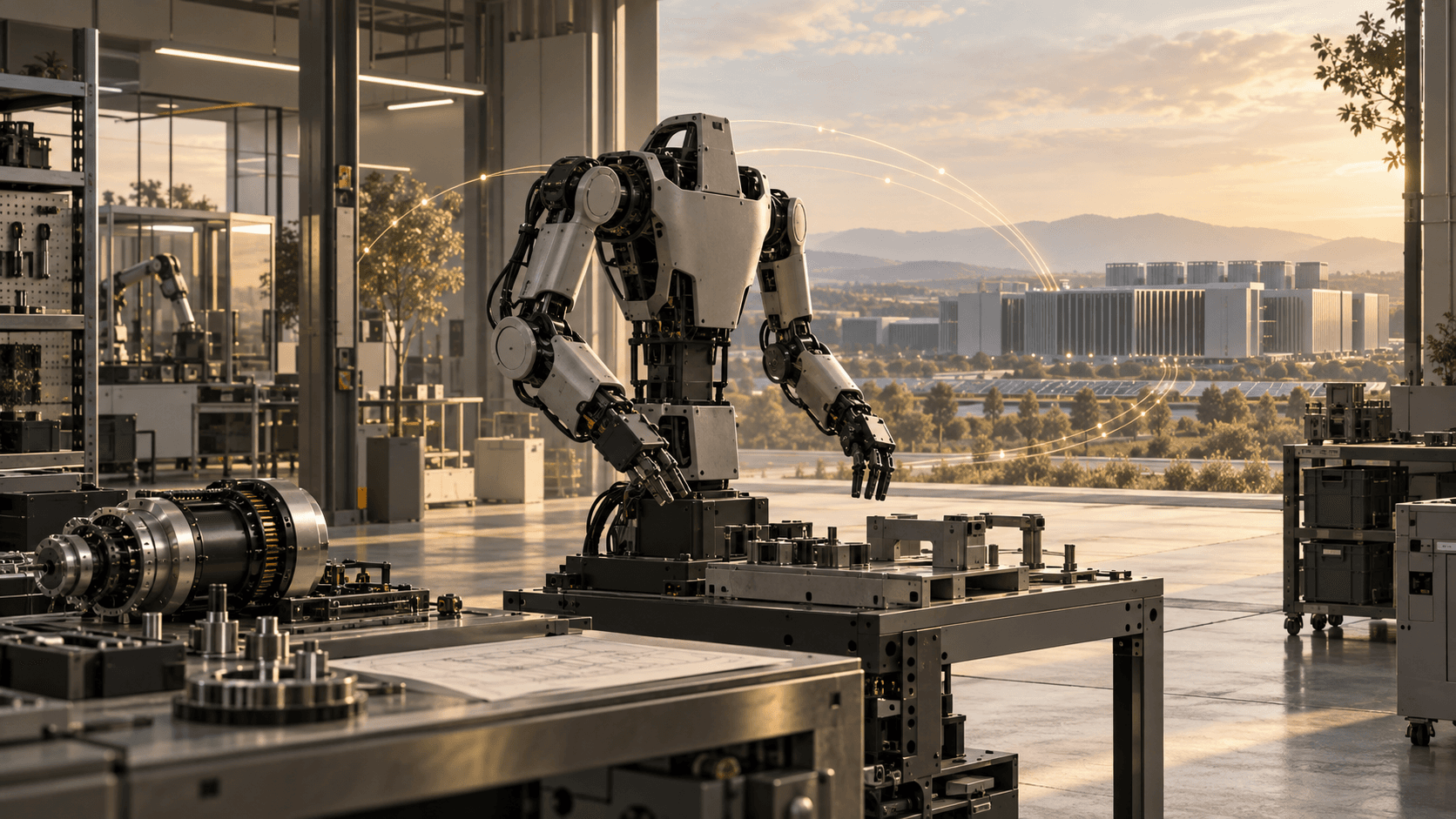 Editorial illustration of a robotics workcell, a custom actuator, and a distant computing campus