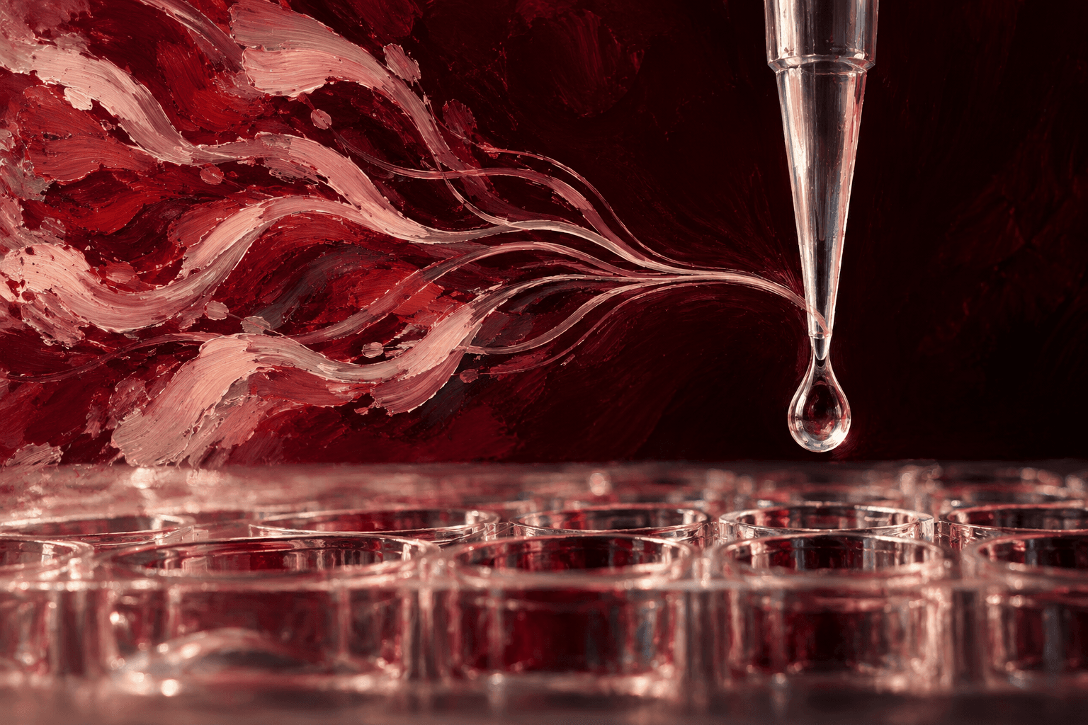 Painted crimson experimental paths converge on a pipette releasing a clear droplet into a laboratory sample plate.