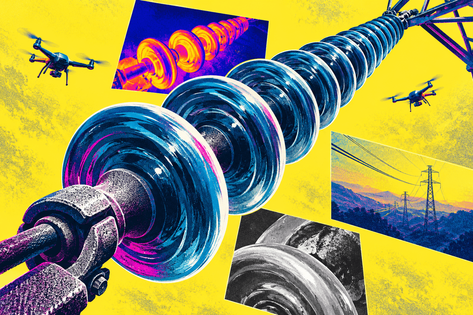 An oversized blue electrical insulator crosses a yellow field beside small drones and contrasting inspection views.
