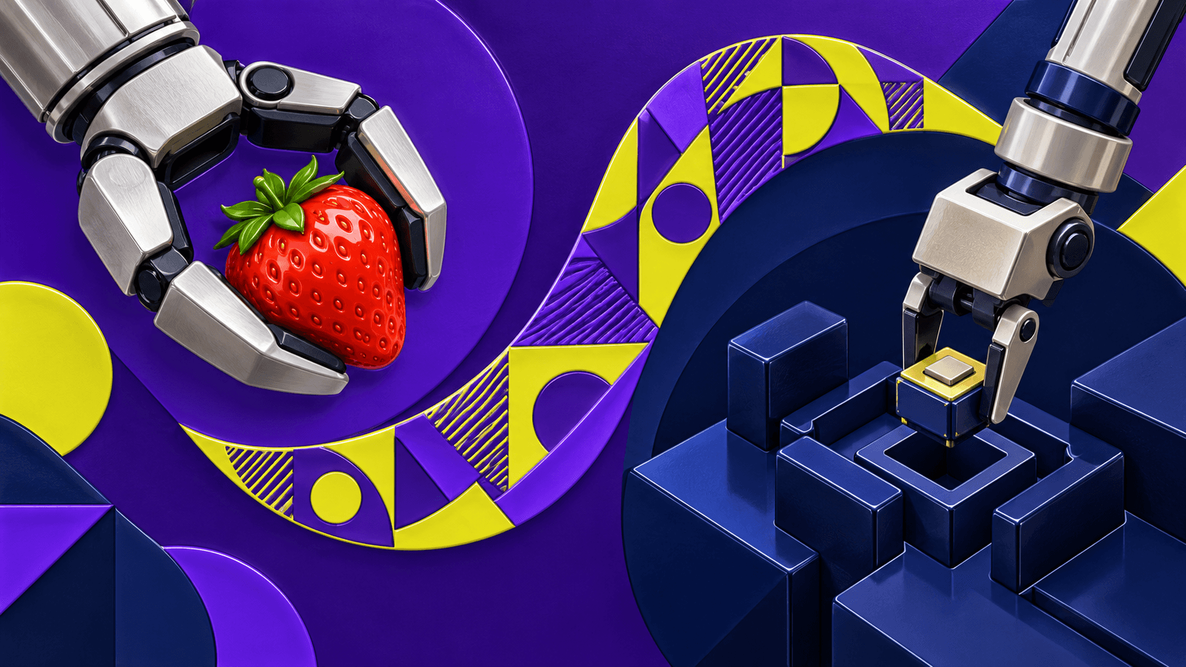 A silver gripper holds a strawberry while another places a geometric module, joined by a violet and yellow patterned ribbon.