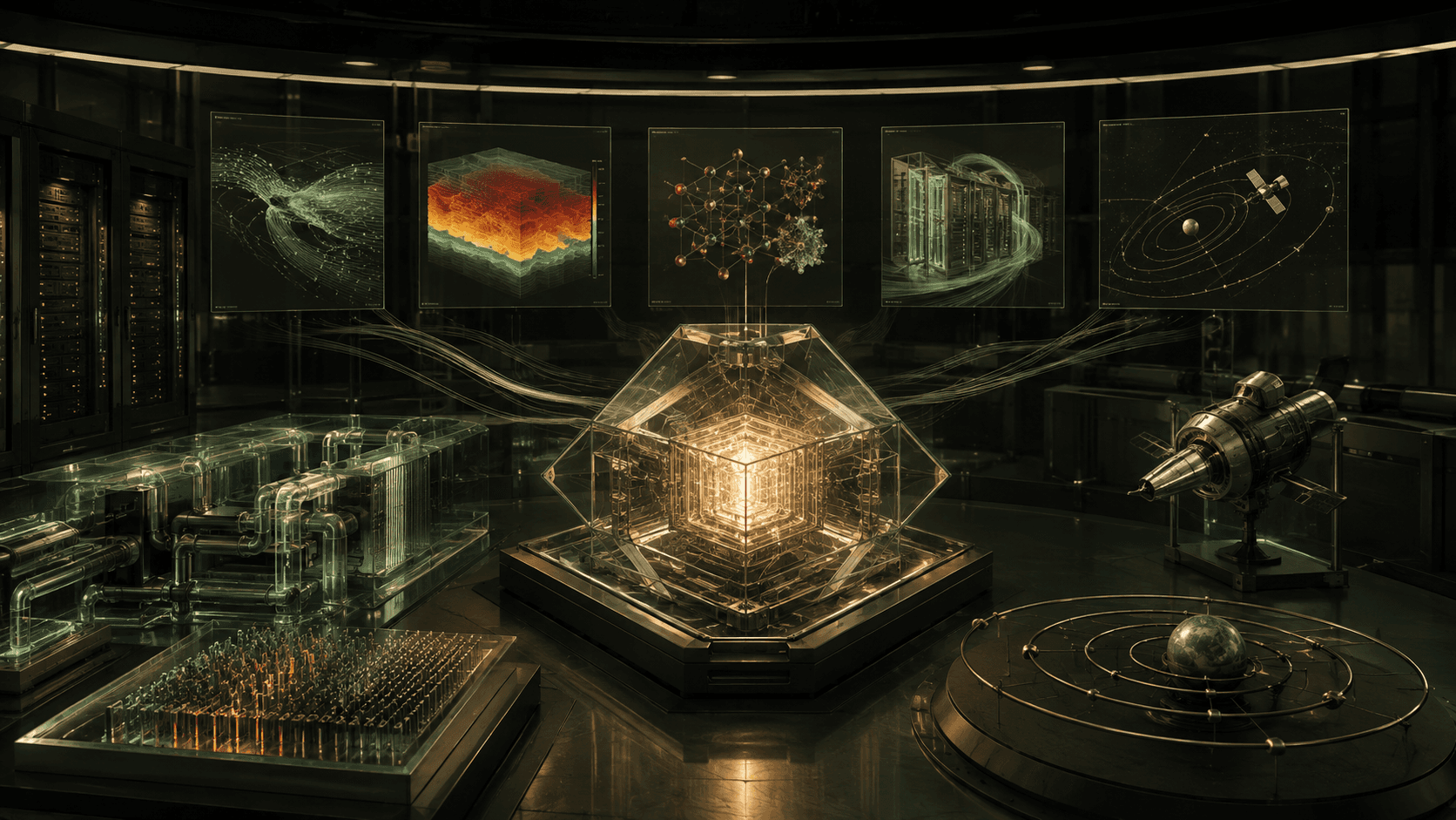 Editorial visualization of an AI physics laboratory studying data center cooling, materials, and orbital systems
