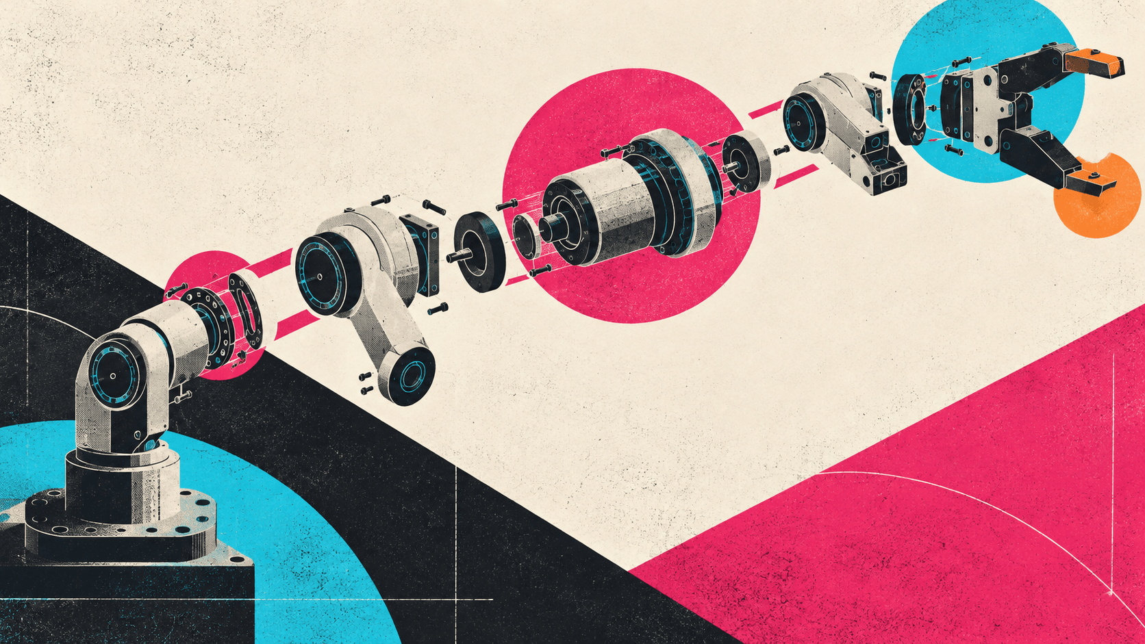 Screen print style editorial illustration of modular robot arm joints arranged along a sweeping motion path