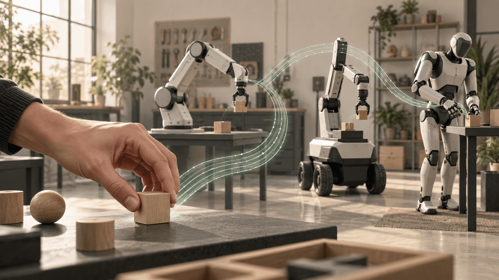 Editorial illustration of a human hand demonstrating object manipulation for a robot arm, mobile manipulator, and humanoid