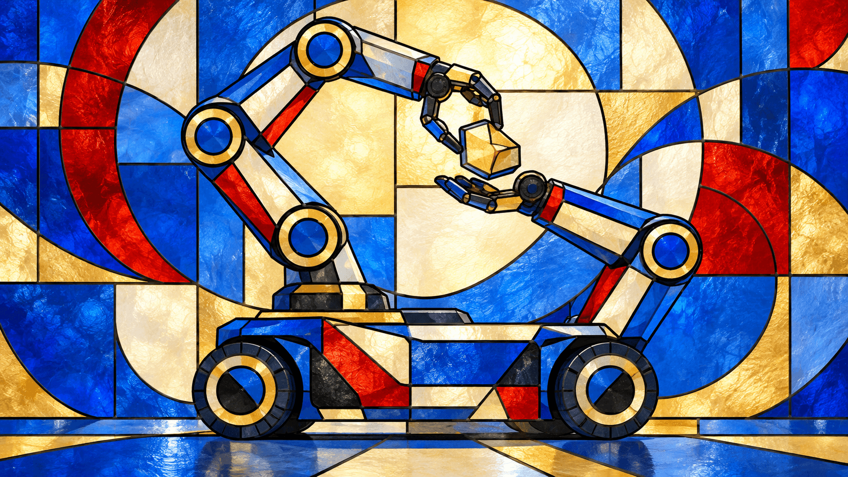 Original stained glass illustration of two articulated arms on an abstract wheeled platform, in cobalt, vermilion and pale gold.