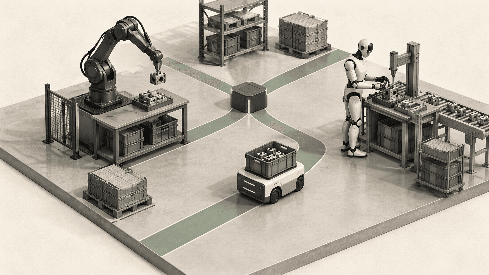 Editorial illustration of an industrial arm, mobile cart, and humanoid connected through a shared factory coordination system