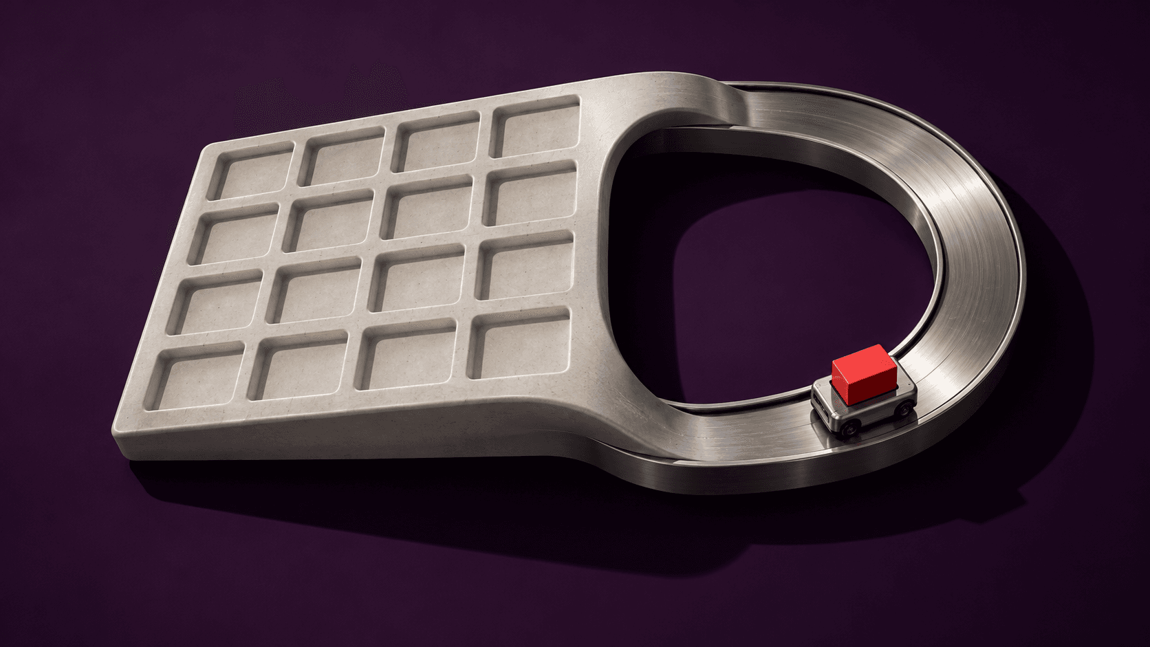 A sculptural ledger curls into a continuous transport loop carrying a small industrial cart with red cargo.