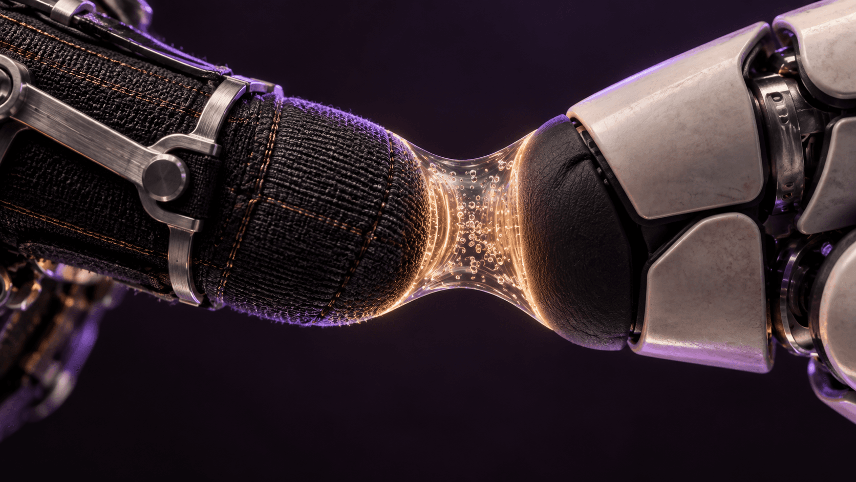 Editorial macro study of a haptic glove fingertip and robotic fingertip pressing into a translucent tactile membrane
