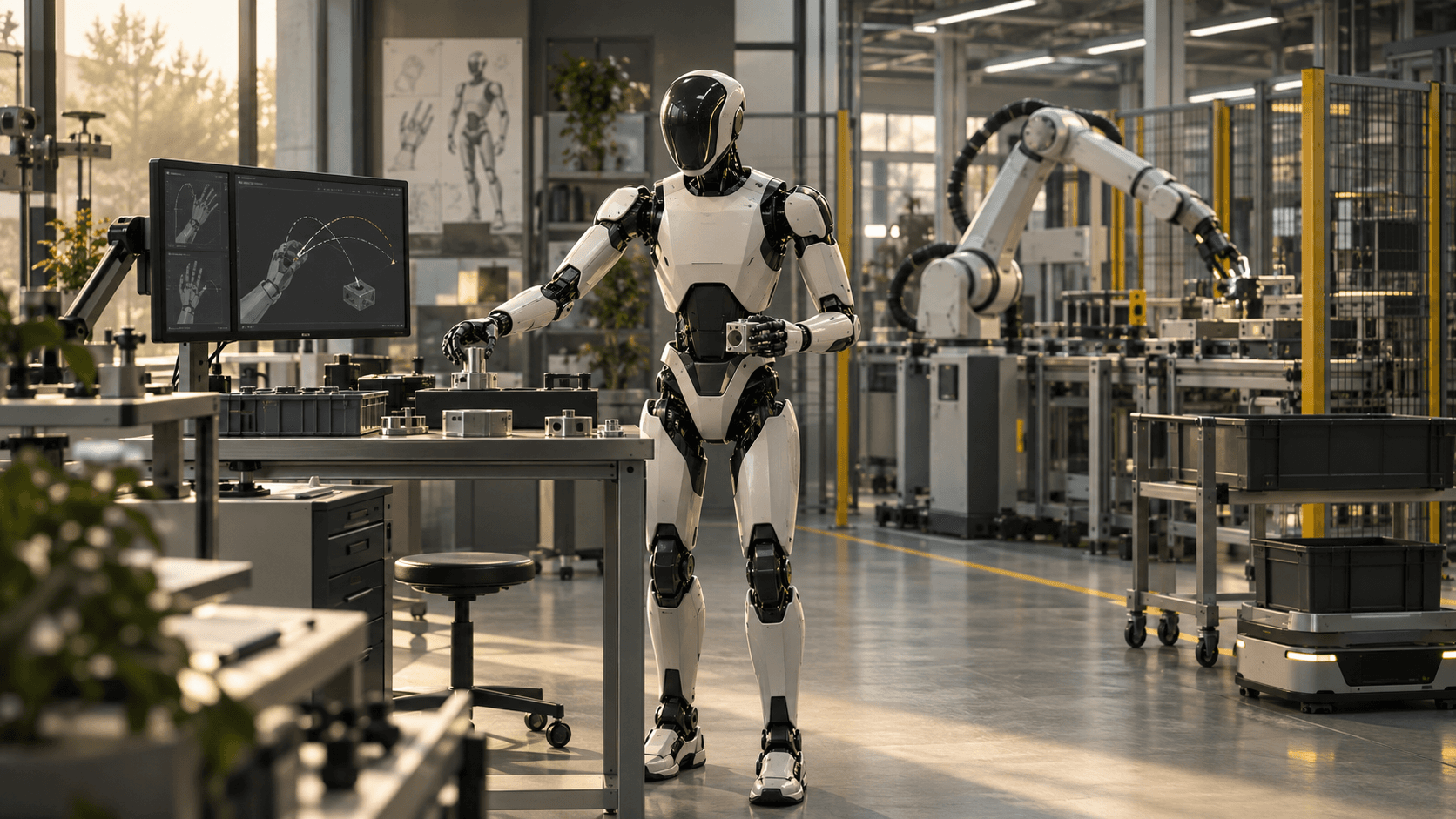 Editorial illustration of a humanoid research robot beside an industrial automation cell