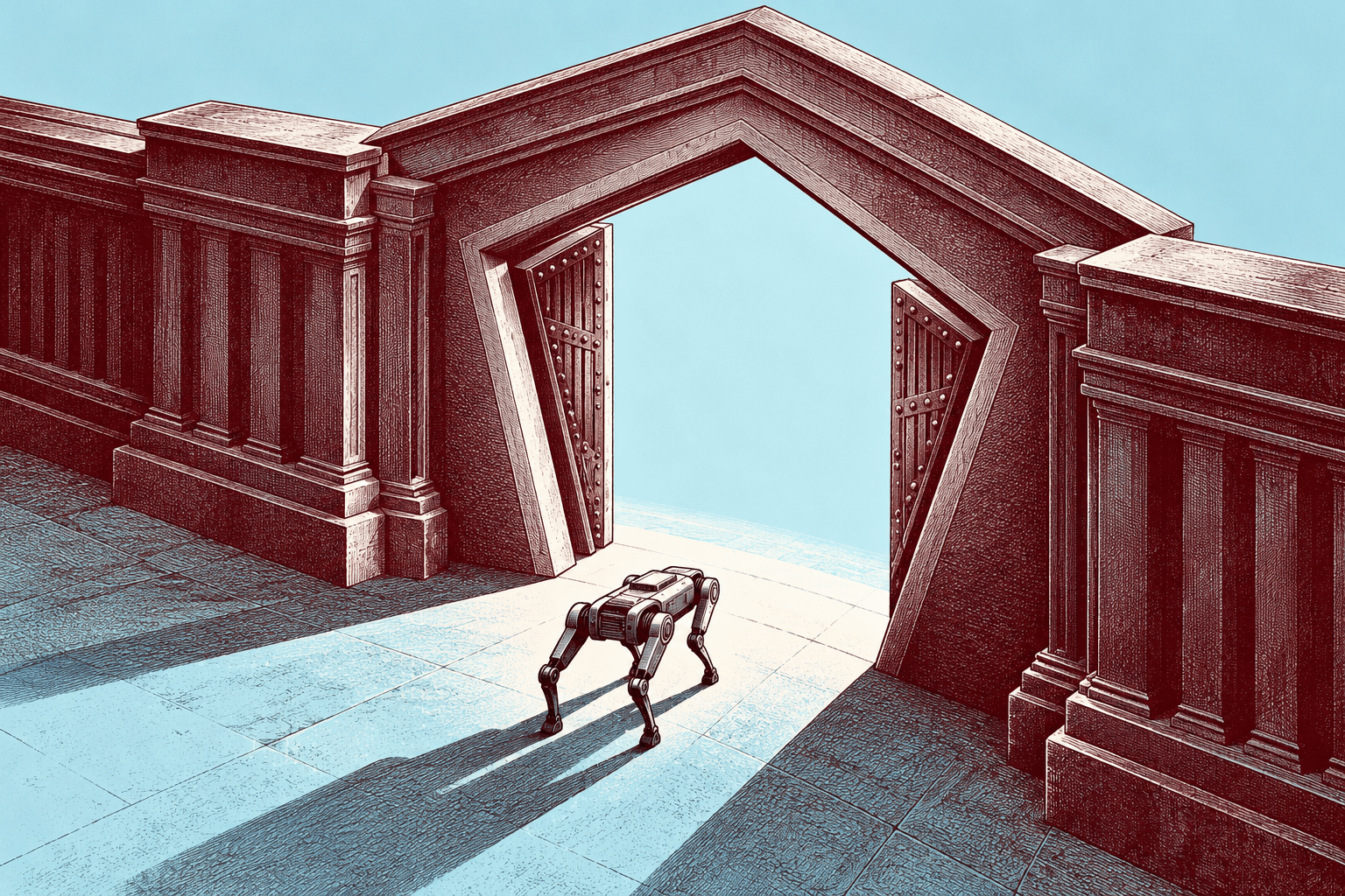 Engraved editorial illustration of a small quadruped robot approaching an open pentagonal gateway.