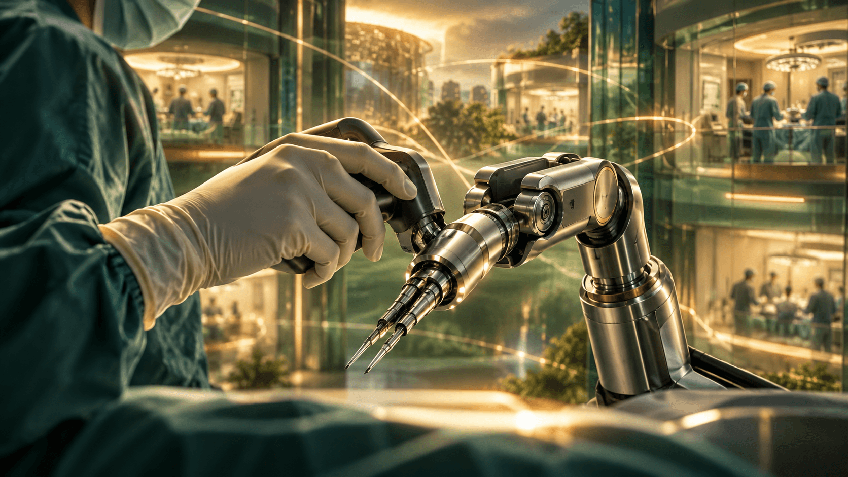 A gloved hand and generic surgical robot instrument against translucent clinical rooms.