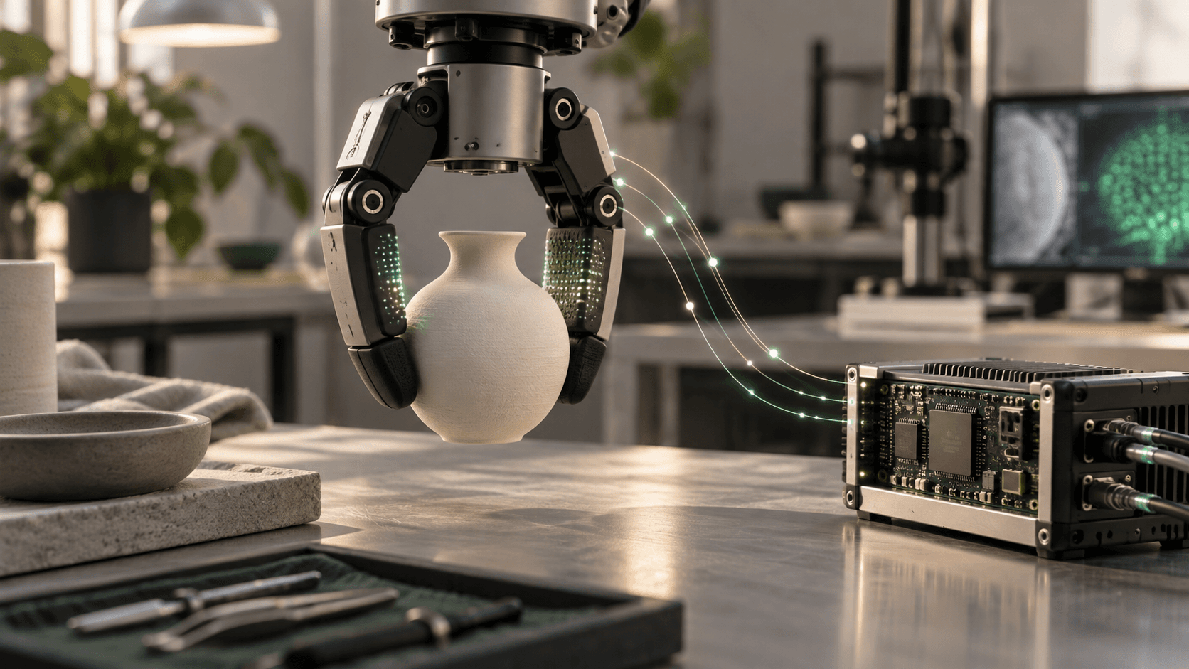 Editorial illustration of a robotic gripper using tactile fingertips to hold a ceramic object beside an edge computing module