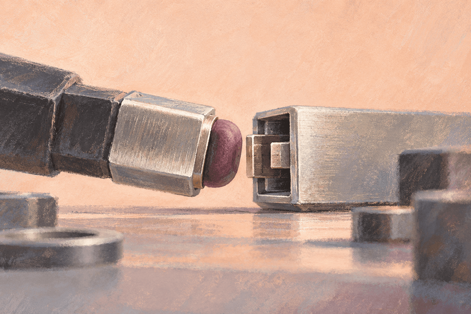 Original pastel and gouache illustration of two small assembly components near alignment, with a plum colored contact pad against brushed silver forms.