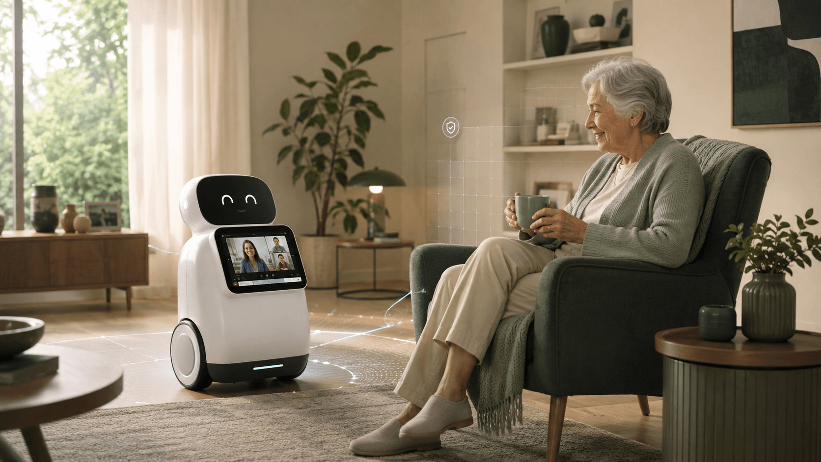 Editorial illustration of a mobile AI companion robot assisting an older adult at home