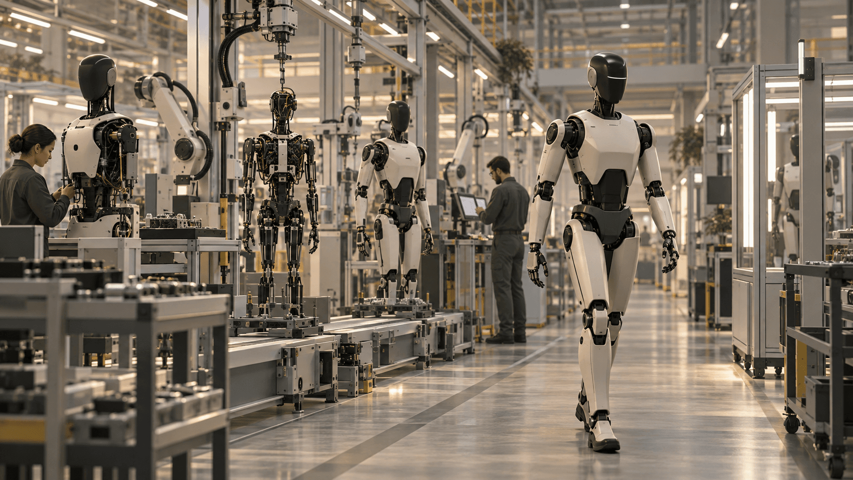Editorial illustration of humanoid robots moving through assembly and inspection stations inside a modern factory
