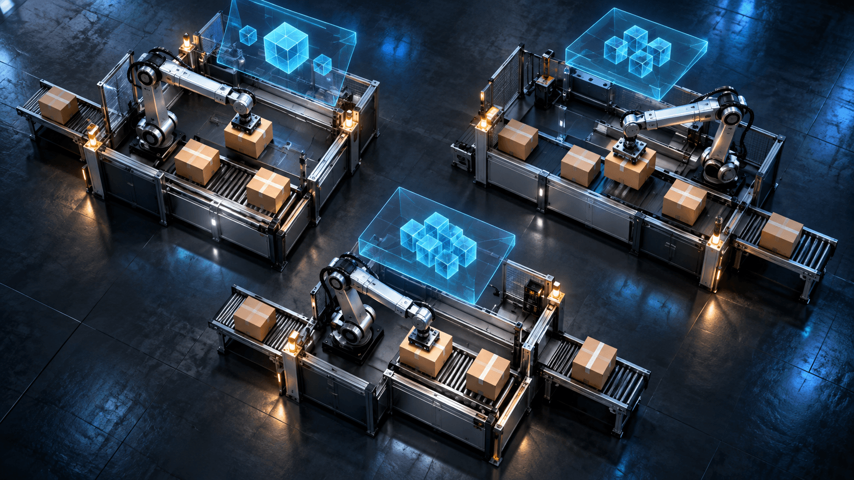 Three metallic robotic packing stations with parcels and translucent blue computational geometry above them.
