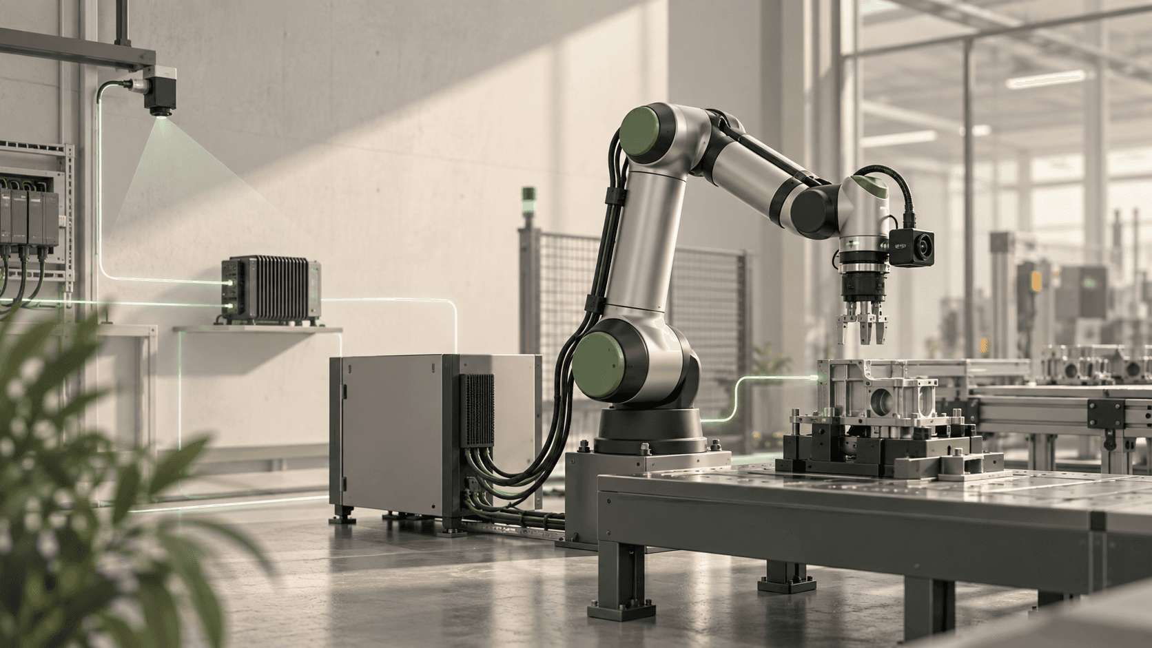Editorial illustration of a collaborative robot connected to machine vision, edge computing, and factory control equipment