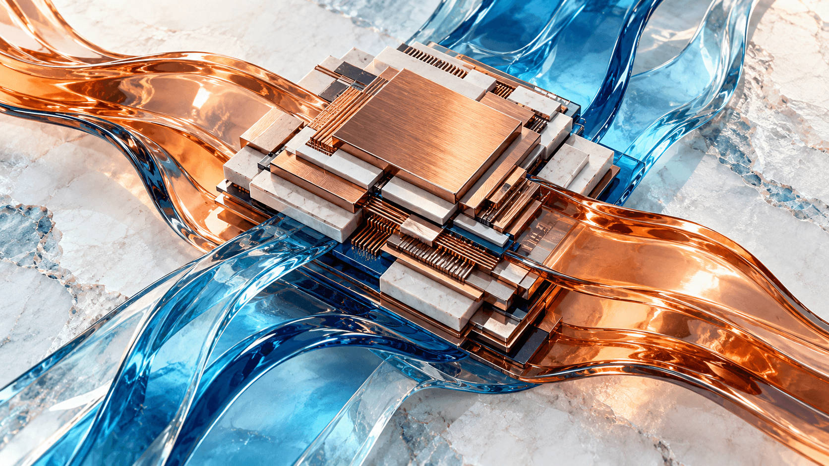 An abstract layered copper component surrounded by translucent orange and blue thermal forms.