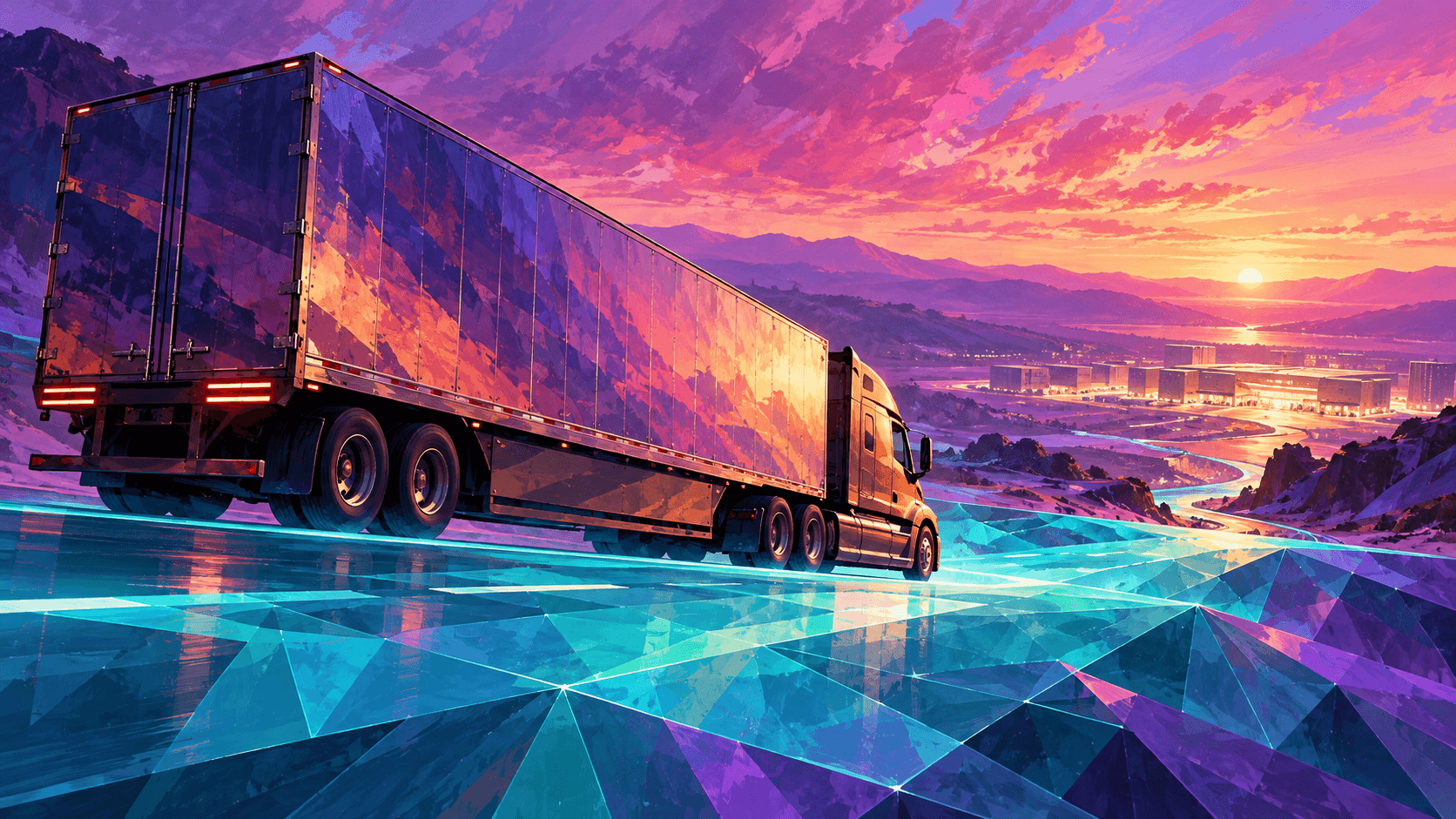 A generic freight truck crosses a luminous violet and turquoise geometric roadway toward a distant receiving facility in a bold painted illustration.