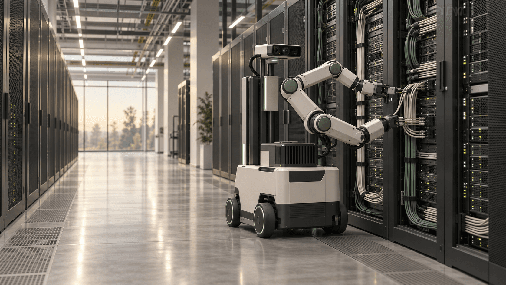 Editorial illustration of a dual arm mobile robot handling cables inside a data center